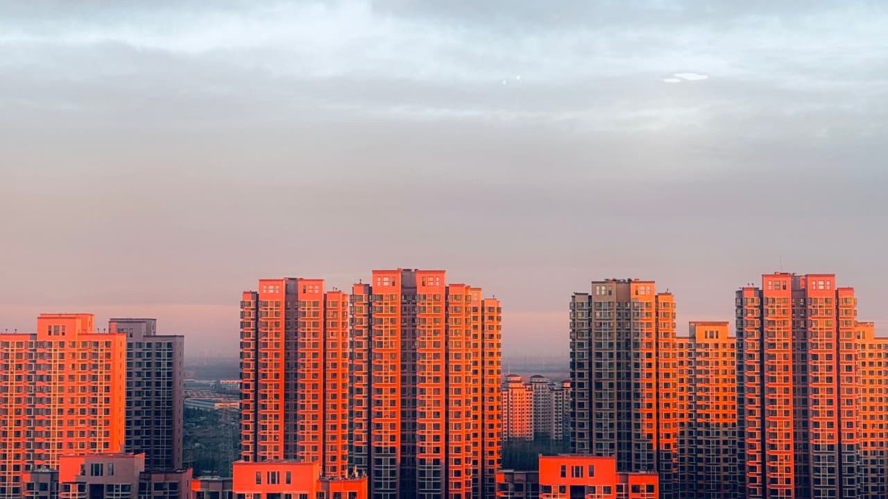 High-rise buildings at sunset