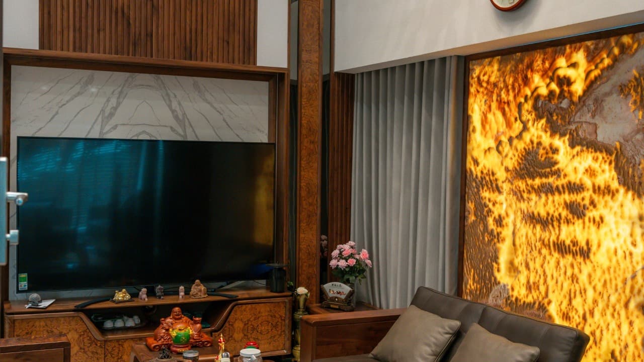 Living room with natural wood finishes